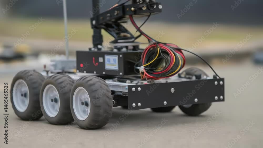 Poster A medium closeup shot of the advanced sensors mounted on the robot designed for obstacle detection and environmental monitoring featuring blinking lights and intricate wiring.