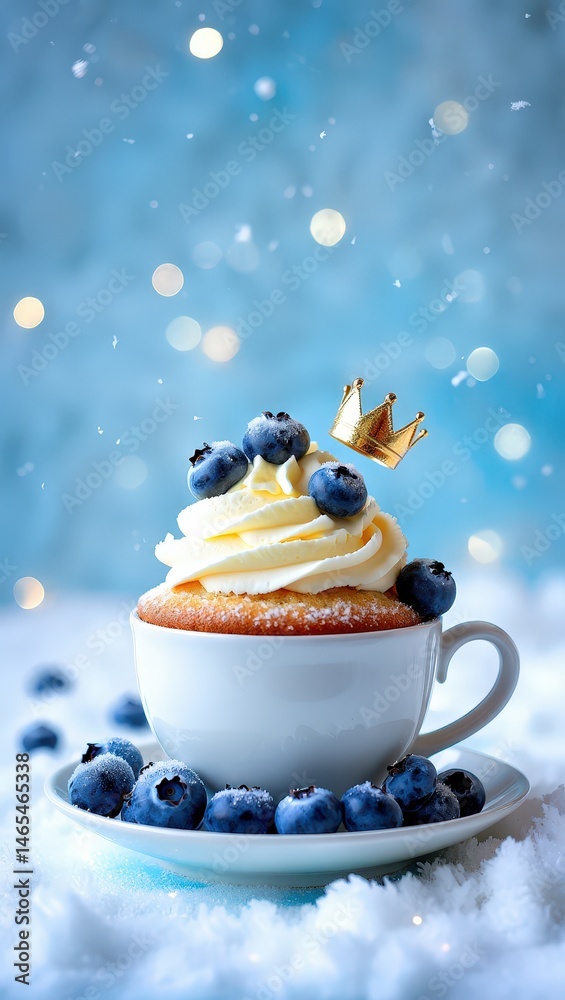 Poster a cup of coffee topped with whipped cream and blueberries on a table covered in snow.