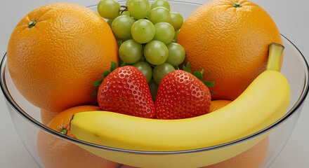 A clear glass bowl filled with assorted fruits. High-resolution, close-up, realistic image.
