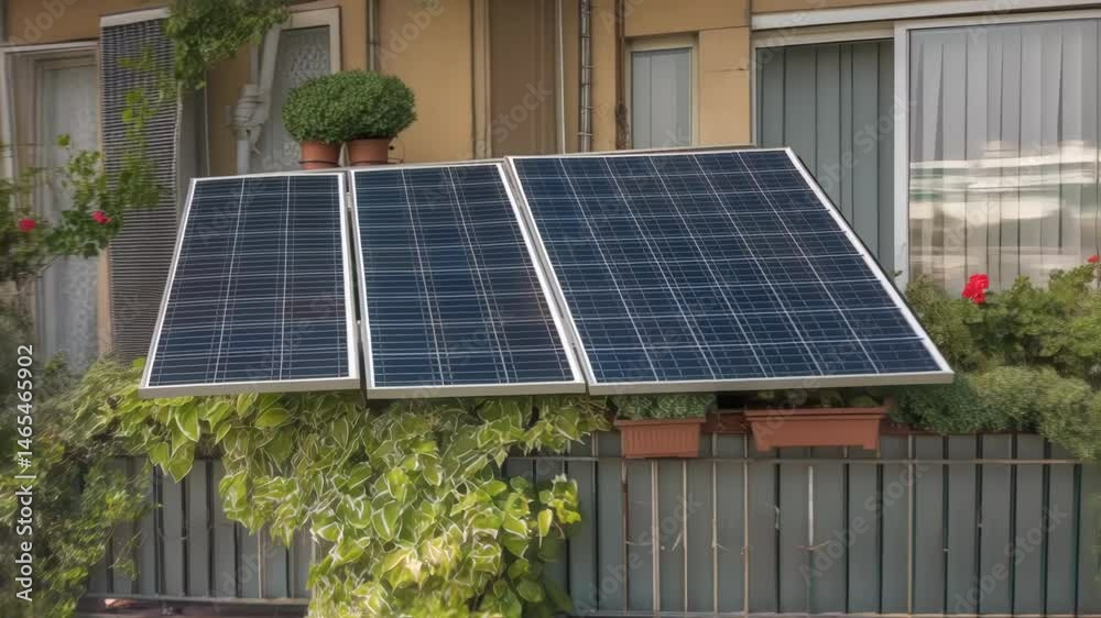 Poster a medium closeup showing a buildings balcony adorned with photovoltaic panels intermingled with vibr