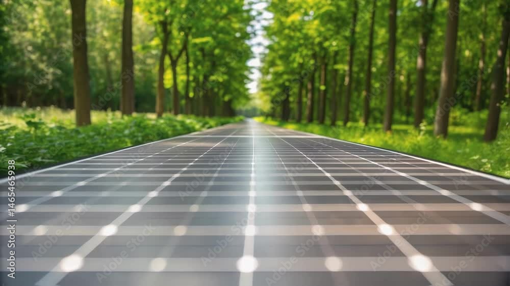 Poster A medium closeup showing a solarintegrated path surrounded by greenery highlighting the environmental benefits of clean energy production and its integration with nature.