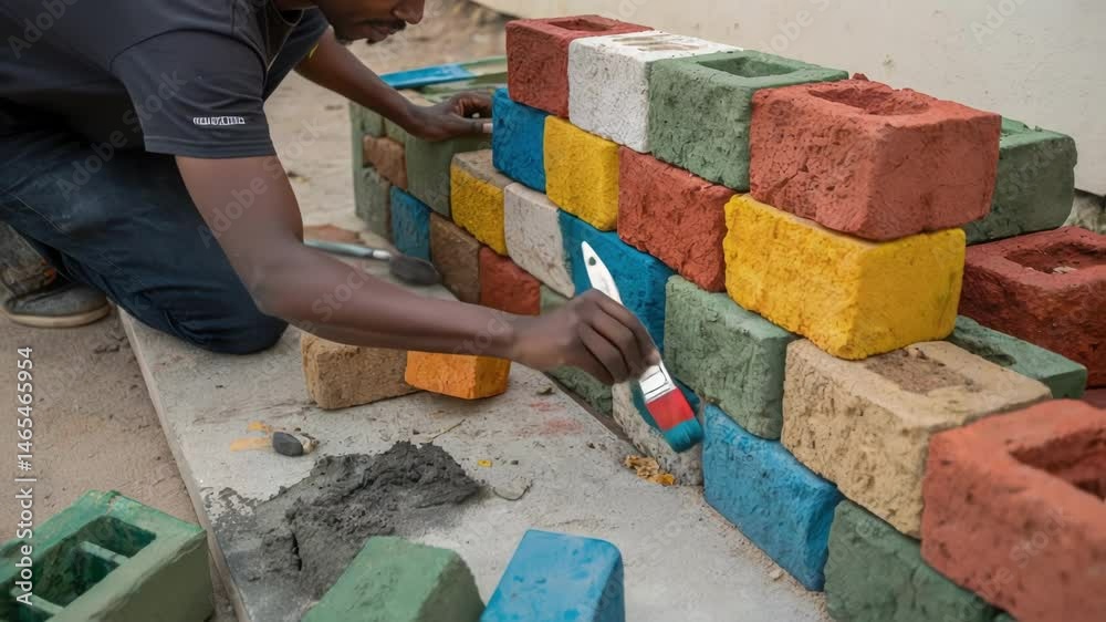 Aufkleber A medium closeup showing an artist using ecoconcrete bricks made from municipal waste to create a unique sculpture emphasizing the blend of textures and colors.