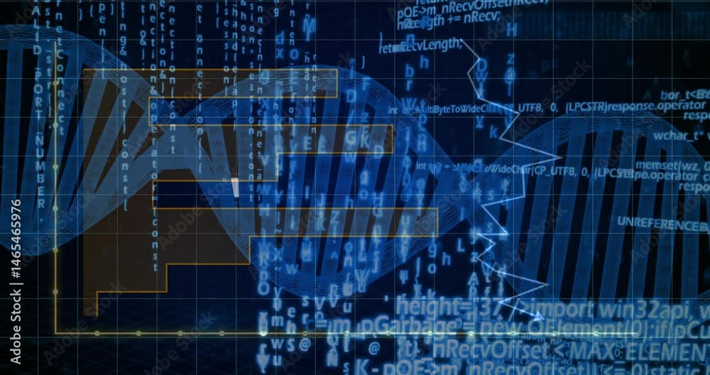 Poster animated illustration displaying double helix spanning frame, overlaying code and zigzag line graph