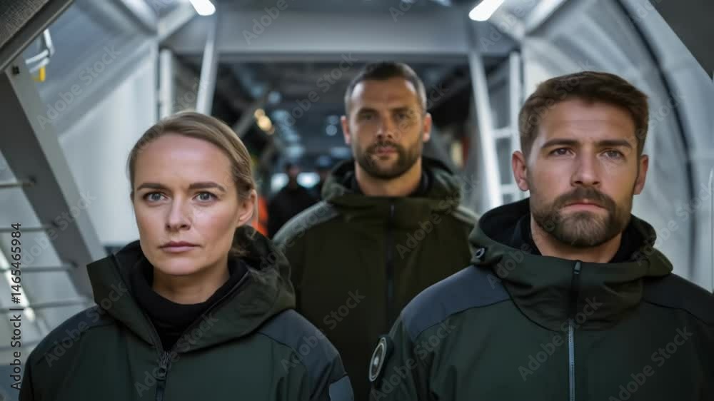 Aufkleber A medium closeup showing a team conducting final checks on a lightweight structure capturing their focused expressions amidst the backdrop of a rapid deployment scenario.