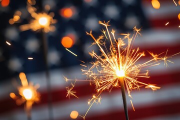 Obraz premium Sparkling Joy: Bright Sparklers Against a Blurry Patriotic Background