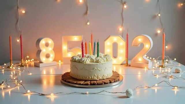 Festive Birthday Cake Scene with Illuminated Numbers and Fairy Lights