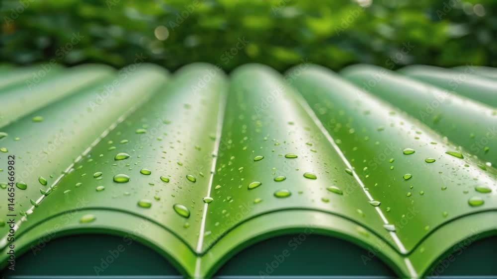 Poster an artistic angle showing the membrane rolled out on a green roof with droplets of water beading on 