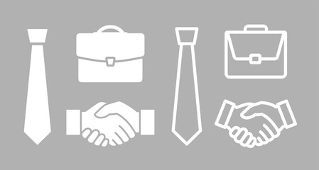 Set of business icons. Briefcase, tie and handshake. Symbol of business or business (official) meeting. Attribute of deal, office or purchase. Raster icon.
