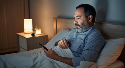 Fototapeta premium Caucasian mature male using smartphone in bed at night