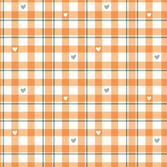 Seamless Plaid Pattern with Hearts in Orange and Green