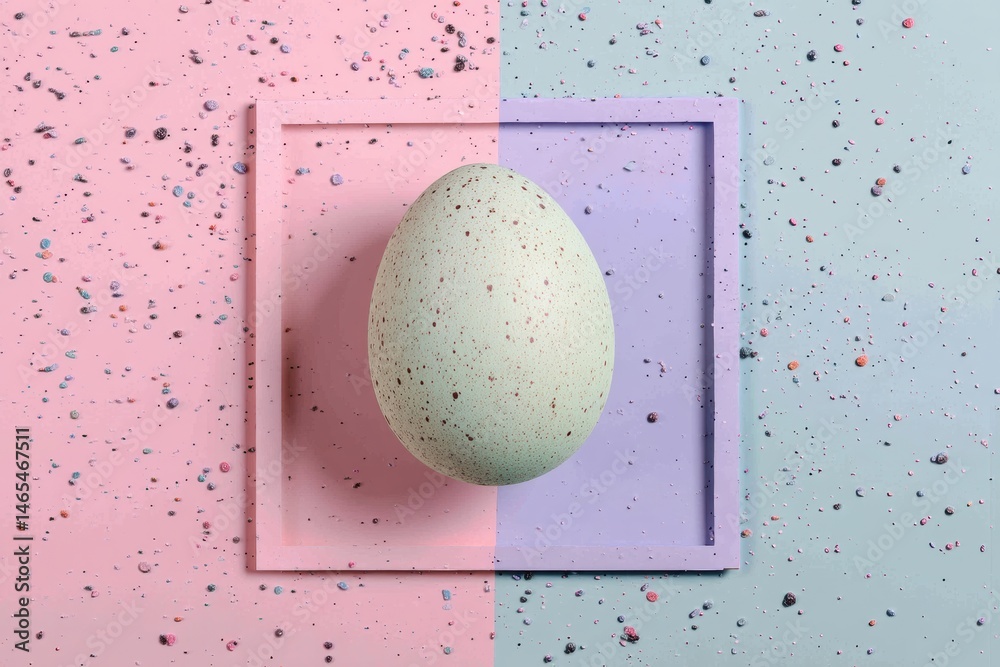 Aufkleber Speckled Pastel Egg Placed Within a Flat Textured Frame on a Colorful Background Generative AI