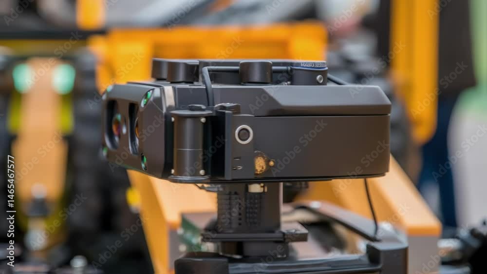 Poster an extreme closeup of sensors mounted on a robotic construction system revealing fine details of the