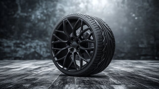 A sleek black alloy wheel is set against a dark backdrop for automotive design purposes