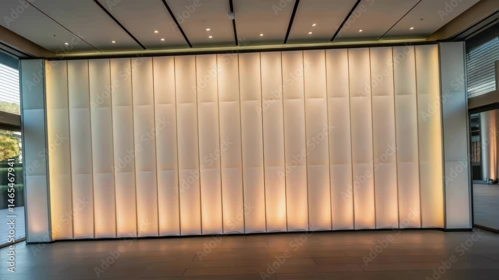 Poster An image of a lightfiltering translucent flexible wall showcasing the play of natural light as it filters through creating soft gradients across the rooms surfaces.