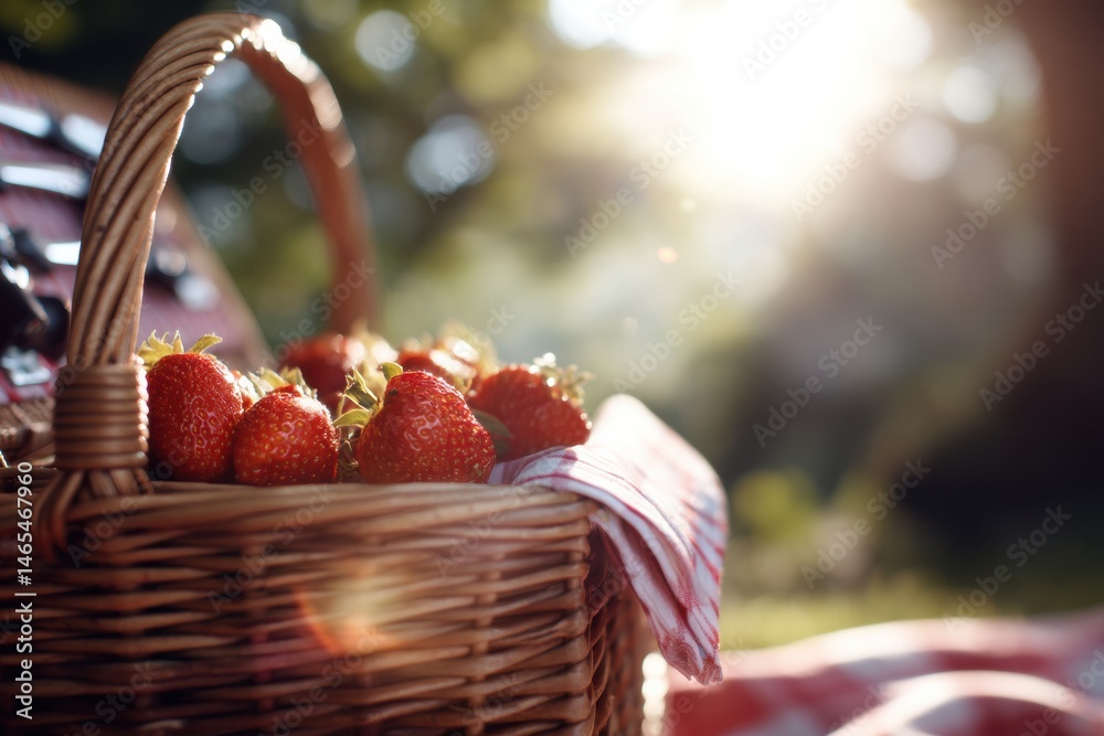 Aufkleber enjoying a sunny picnic with a basket full of fresh strawberries and a cozy napkin setting generativ