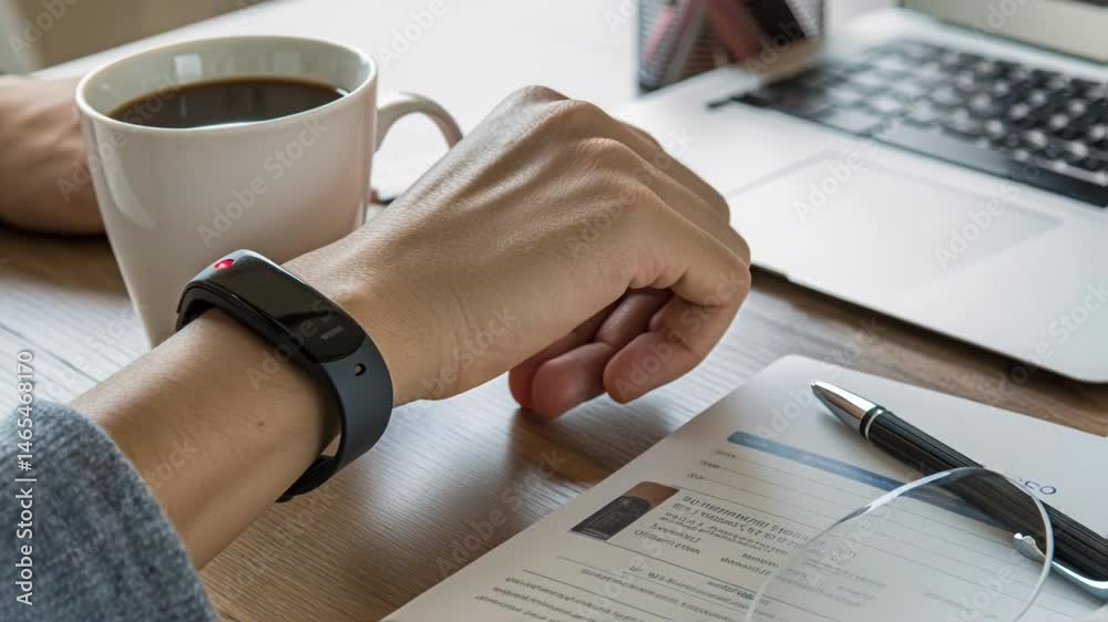 Fototapete an image showing a smart bracelet glowing vibrantly resting on a hand holding a coffee mug symbolizi