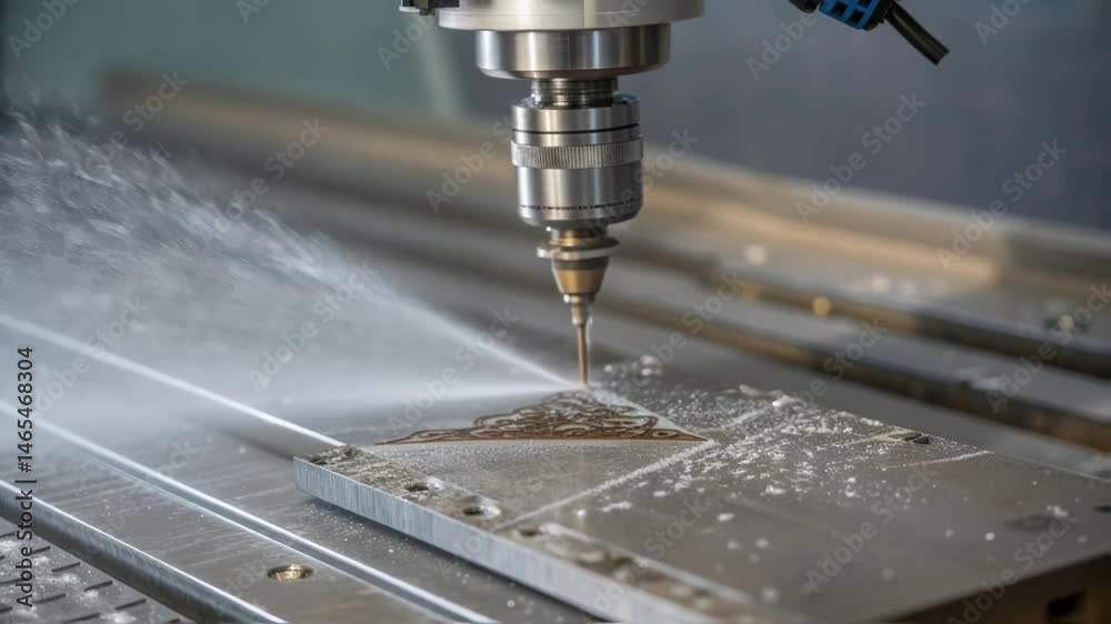 Aufkleber An intricate closeup of a nanocoating spray nozzle in action with fine mist particles glistening in the light as they land on a metal surface.