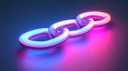 A chain link aglow with vibrant neon light in shades of pink and blue set against a dark background