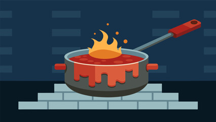 A thick brickcolored sauce simmers on the stove releasing a tantalizing blend of es.. Vector illustration
