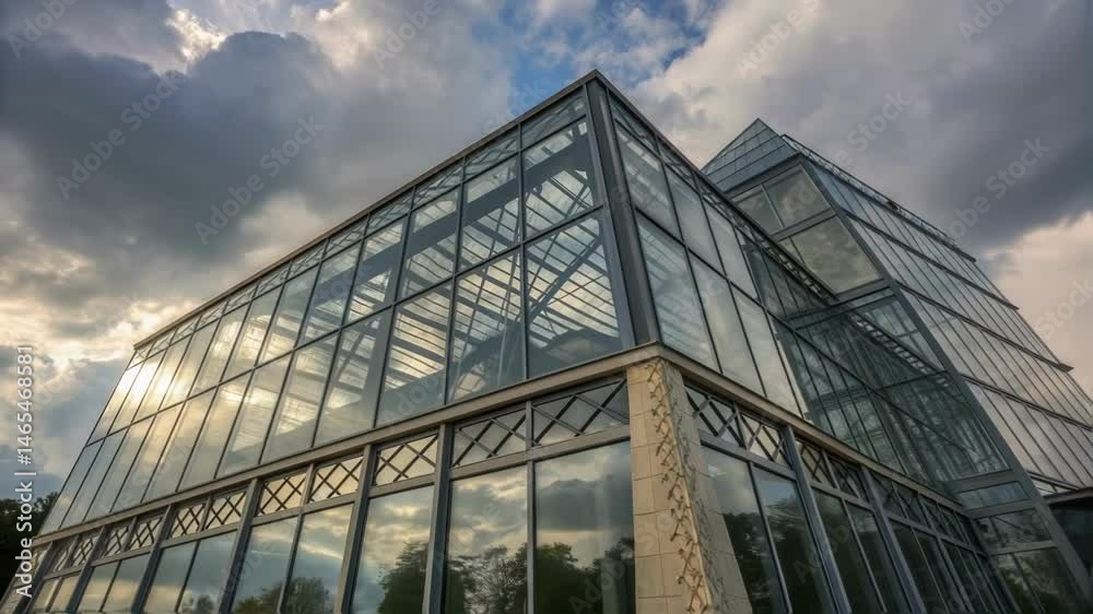 Poster An intricate glass facade with dynamic shading elements capturing the interplay of light and shadow throughout the day optimizing brightness without sacrificing aesthetics.