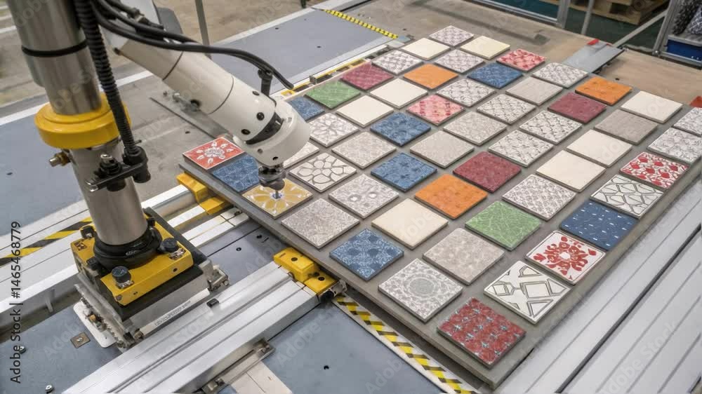 Poster An overhead medium closeup of tiles being organized by the robotic system emphasizing the contrast of colors and patterns within the carefully arranged workspace.