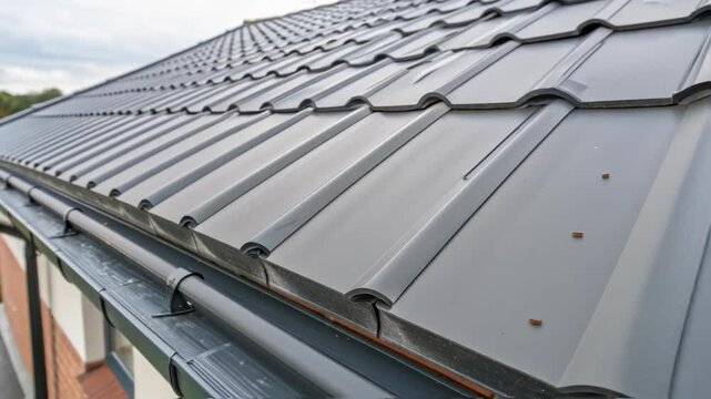 An intricate view of a modular roof panel with integrated gutters demonstrating a seamless connection to adjacent panels to prevent water pooling and enhance drainage efficiency.