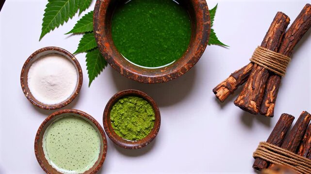 Dried neem componentsleaves, powder, paste, rootsartfully displayed on pristine white surface, highlighting botanical skincare properties and natural healing potential