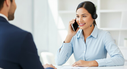Female hispanic adult customer service representative on phone call in office setting