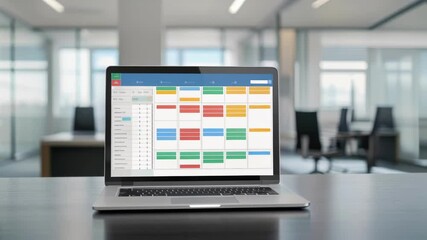 An overview shot of a laptop displaying a realtime project tracking system with highlighted tasks alerts for deadlines and a colorcoded calendar overlay set against a backdrop of a