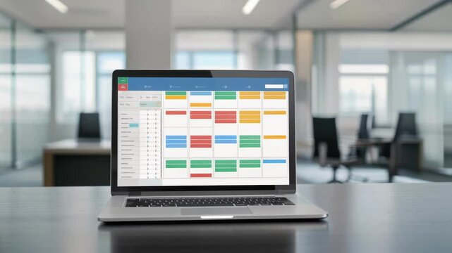 An overview shot of a laptop displaying a realtime project tracking system with highlighted tasks alerts for deadlines and a colorcoded calendar overlay set against a backdrop of a