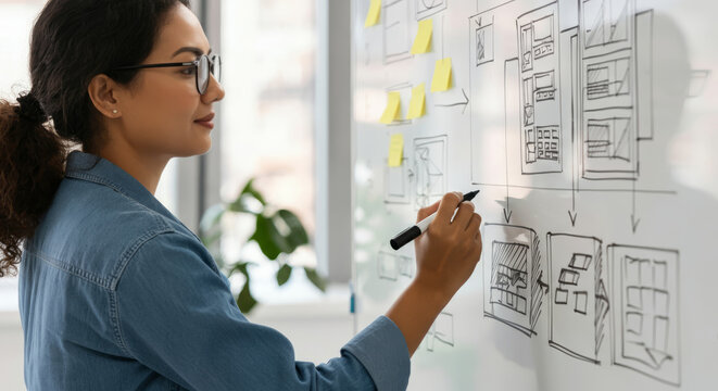 Asian young female designer creating website wireframes on whiteboard in modern office