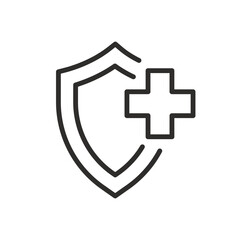 Obraz premium protection health icon, medical shield with cross, medicine for protect, thin line vector illustration