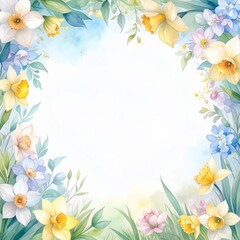 Obraz premium Abstract border frame of flowers painting with spring flowers Daffodils background graphic resource