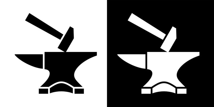 Hammer and anvil icon. Blacksmith's tool, forge attribute. Symbol of forging weapons or armor. Pictogram of work or hard labor. Raster icon.