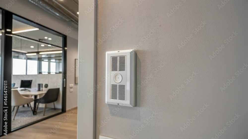 Poster A sleek wallmounted air vent with an integrated smart sensor that adjusts airflow based on occupancy and user preferences showcasing an elegant minimalist design in a contemporary