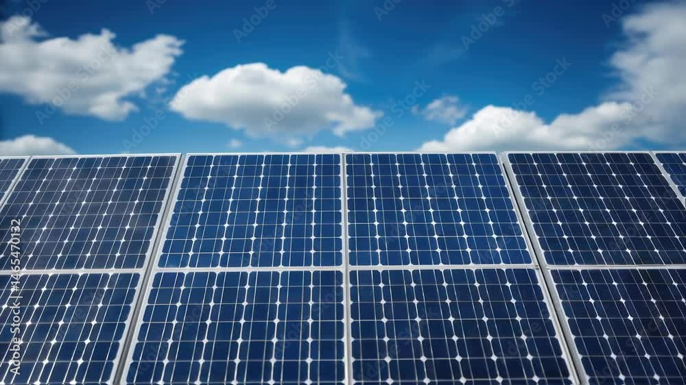 Poster A sunny closeup of the solar cells embedded on the barrier capturing intricate patterns of photovoltaic technology that convert sunlight into energy surrounded by a blue sky and