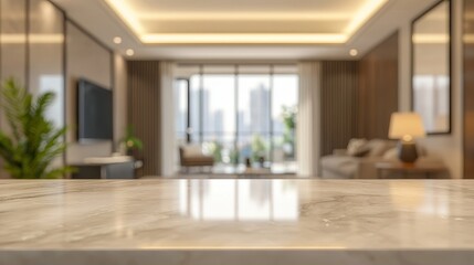 Fototapeta premium Softly Blurred Home Interior with Elegant Marble Counter and Ample Copy Space for Your Product