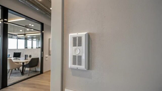 A sleek wallmounted air vent with an integrated smart sensor that adjusts airflow based on occupancy and user preferences showcasing an elegant minimalist design in a contemporary