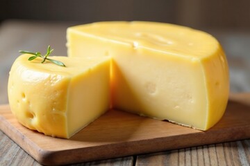 Artisan cheese wheel, creamy texture, white background, creamy, gourmet