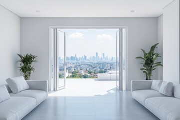 Fototapeta premium Sophisticated Urban Living: Bright White Lounge with Spacious City Vistas and Elegant Sunlight
