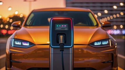 A vibrant closeup of a fully charged electric vehicle plugged into a modern charging unit with a digital display showing charging status under the warm glow of evening lights. - Powered by Adobe