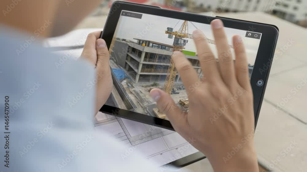 Aufkleber Closeup image of a workers hands manipulating a sleek tablet interface that displays a 3D model of the construction site with live feed from the cranes camera overlay.