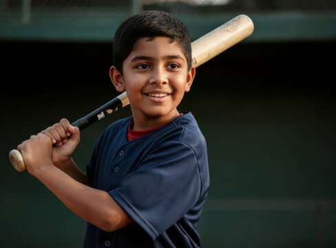 Young asian boy playing baseball with bat in blue jersey on field - Powered by Adobe