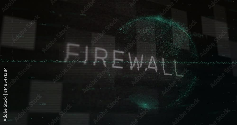 Poster 3d render glowing firewall text floating over dark grid, streaming teal waveform and data sphere
