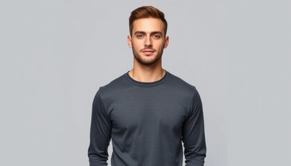 Obraz premium Portrait of a handsome and stylish young man wearing long-sleeve t-shirt looking directly at the camera with neutral expression on solid background