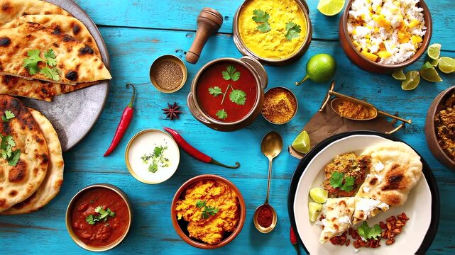 Table bursts with vibrant food, table holds spicy dishes and naan, table glows with warm curry tones, vivid layout invites taste, spices, tradition, and hospitality blend