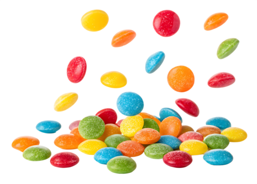 colorful candies falling, isolated on white background, PNG