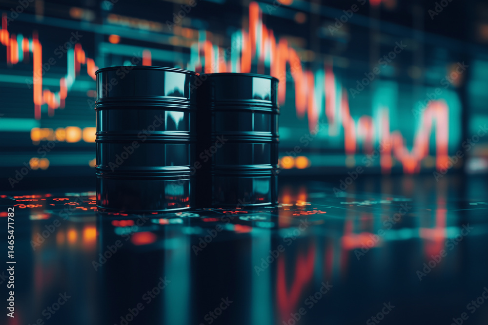 Poster two barrels of oil are on a table in front of a computer screen with a graph. the graph shows a down
