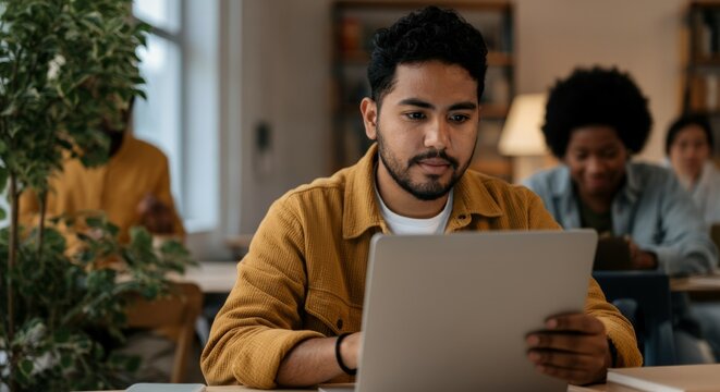Hispanic male young adult using laptop in modern office setting