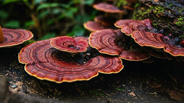 Ganoderma mushrooms on a forest log